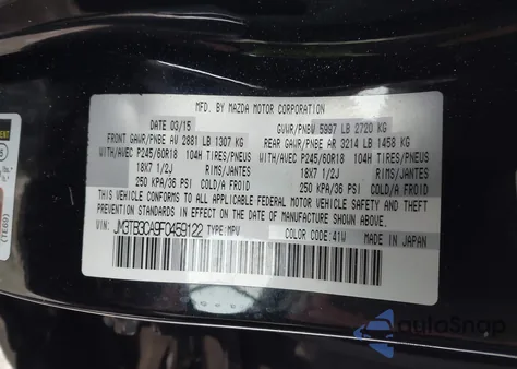 2015 Mazda Cx-9 Touring from USA, damaged, VIN JM3TB3CA9F0459122